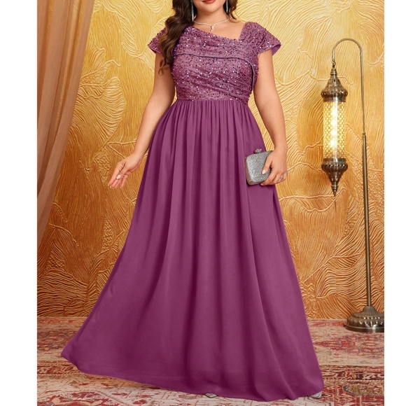 Plus Violet Pink Sequin Flowy High Waisted Party Formal Wedding Dress - Picture 1 of 8